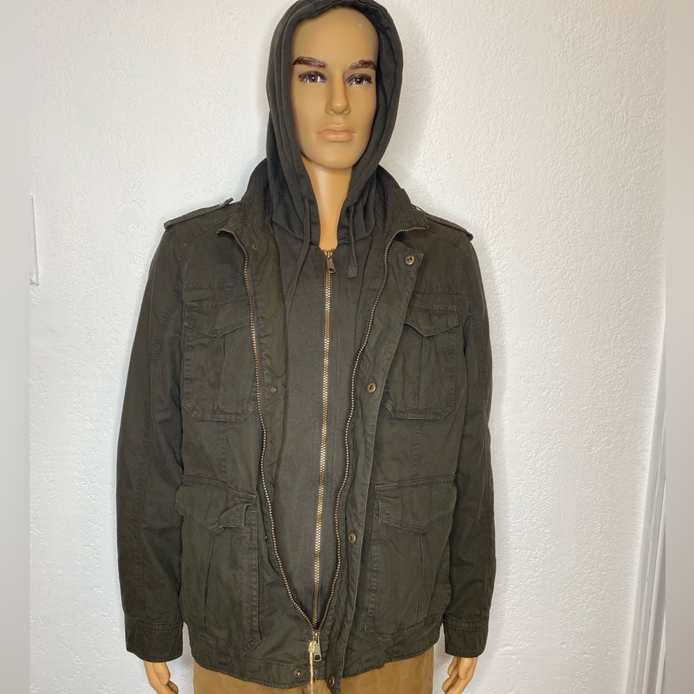 Pronto Uomo Blue Utility Hooded Jacket Canvas Men’s Size L Zip Up Pockets Brown